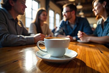 Warm coffee steams on wood  Natural light highlights the cup, creating a cozy, inviting scene ,  hot,  wood