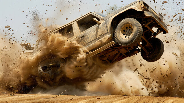 Stunt performer jumping in mid-air during intense car chase with flying dust and debris, action-packed adrenaline rush and high-speed motion concept.