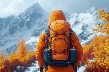 A person in an orange jacket and backpack stands in a snowy mountain landscape.