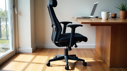Curved mesh back, adjustable arms, lumbar support, tilting base, on wood floor,  home office,  corner