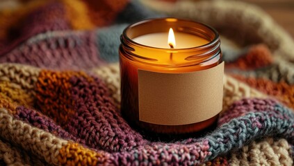 Cozy autumn candle on knit blanket.