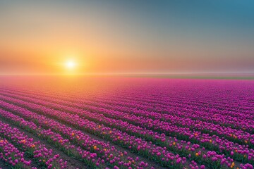 Naklejka premium Vast field of vibrant tulips at sunrise, bathed in golden light.