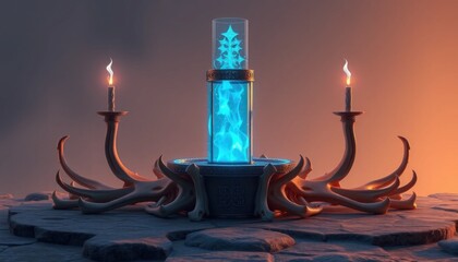 Mystical blue energy chamber with candles, arcane magical scene