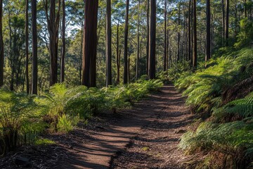 Obraz premium Pathway through lush forest showcasing vibrant ferns and towering trees in a serene environment, Environment conservation and nature protection reserve in Tasmania Forest walk