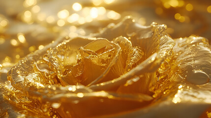 A close-up of droplets on a rose petal, glistening in the soft golden light of dawn
