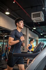 Young Asian man running on treadmill at gym