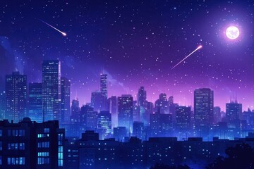 Naklejka premium Vibrant animated cityscape at night illuminated by moonlight and shooting stars, Animated city background at night with moonlight and shooting stars ing time-lapse Photo