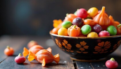 A colorful assortment of Halloween candy in a decorative bowl ?, candy corn, candy, fun
