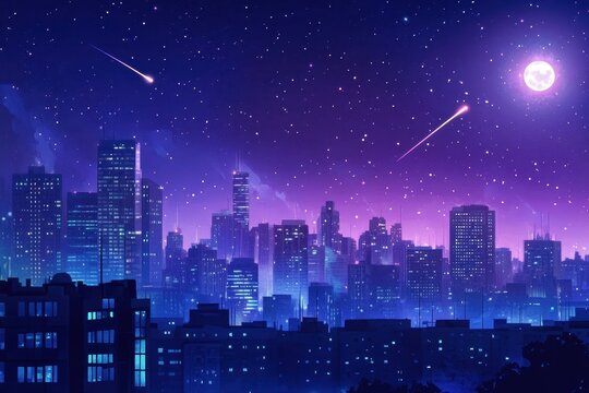 Fototapeta Vibrant animated cityscape at night illuminated by moonlight and shooting stars, Animated city background at night with moonlight and shooting stars ing time-lapse Photo