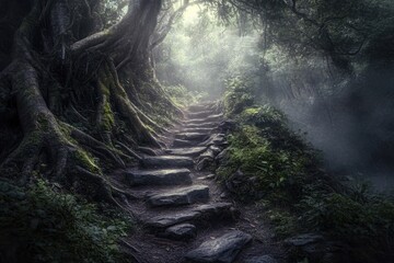 Exploring the ancient forest pathway through mist and lush greenery, Ancient Forest Pathway