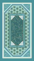 Intricate ornamental illustration. Floral pattern with geometric frame in teal tones.