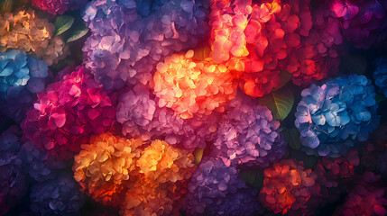 A close-up of hydrangeas in full bloom, with their vibrant colors glowing under the midday sun