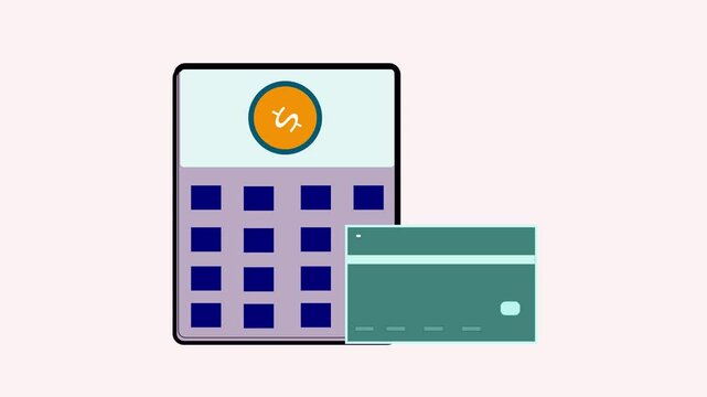 Illustrating finance and accounting. Dynamic animation of a calculator with falling coins to represent financial principles, accounting basics, and money management.