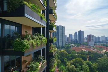 Fototapeta premium an urban landscape featuring modern buildings with balconies covered in lush greenery, showcasing the concept of vertical gardens and sustainable architecture Generative AI