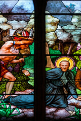 Stained glass (19th century) of Martyr of Saint Noël Chabanel killed by a Huron.