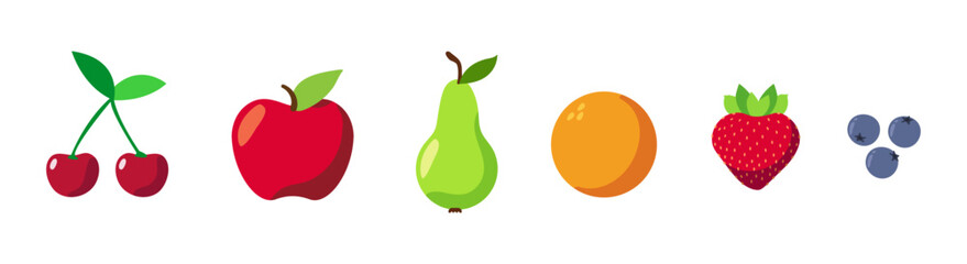 juicy Fruit & Berry illustration vektor icon set: Cherry, Apple, Pear, Orange, Strawberry, Blueberry.