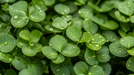 A close-up of water droplets glistening on fresh green leaves after a light spring rain