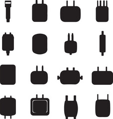 Black Silhouette Icons of Various Electronic Device Plugs and Adapters