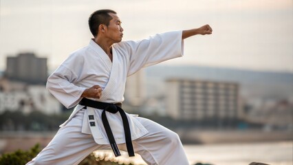 Unrecognizable martial artist in strong stance with black belt