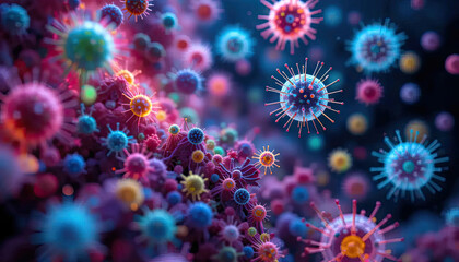 Obraz premium Bioluminescent Bacteria and Viruses Floating in Dark Microscopic Visualization