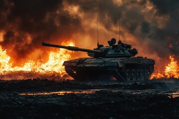 Military tank engaged in battle amidst flames on a war field during intense combat, a military tank in war field fire burning in the fireplace Photoing under attack