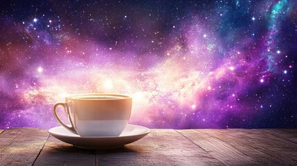 Obraz premium A cup of coffee bathed in a cosmic nebula.