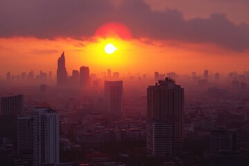 Fototapeta premium Stunning sunrise over Bangkok with skyscrapers silhouetted against the vibrant sky, Bangkok sunrise timelapse