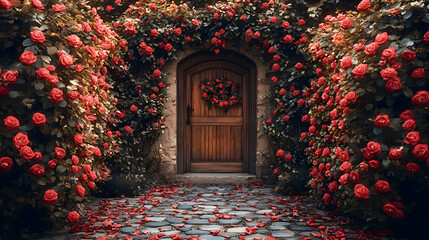 A cobblestone pathway leading to a rustic wooden door framed by climbing roses and ivy