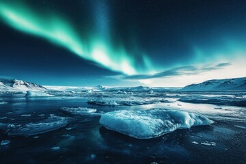 Fototapeta premium Aurora borealis illuminates icy landscape at Jokulsarlon in Iceland during nighttime, Aurora borealis over ice on shore Jokulsarlon Iceland vertical