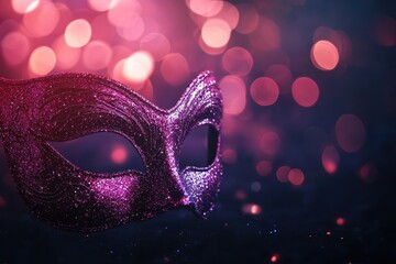 Glittery masquerade mask with shimmering bokeh on dark background invites mystery and elegance, Glitter masquerade mask on dark background with bokeh lights