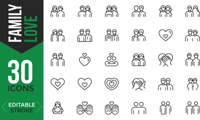 Family and Love Line Icons Set – Editable Vector Illustrations of Couples, Families, and Relationships

