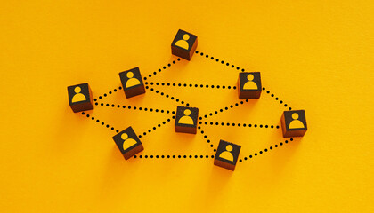 People figures connected in network. Teamwork and communication flow.