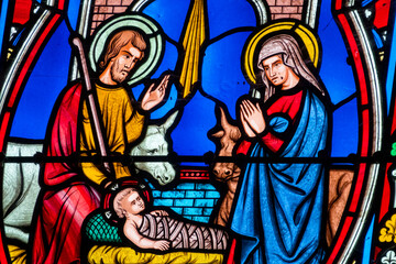 Stained glass (19th century) of Christmas Nativity Scene with Virgin Mary, Saint Joseph, and Jesus...