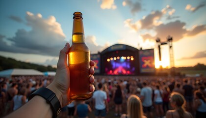 A hand holding a beer bottle in front of a large crowd at a music festival during sunset