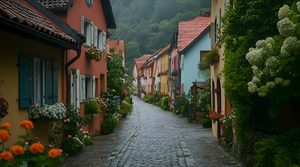 A cobblestone street in a quaint village, lined with pastel-painted buildings and flower boxes