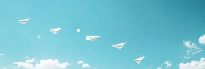 White paper airplanes soaring in a blue sky along a golden ratio curve with clouds enhancing a minimal preschool background for creative messages