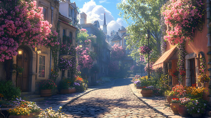 A cobblestone street in a quaint village, lined with pastel-painted buildings and flower boxes