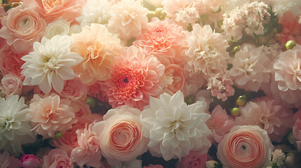 A collection of pastel blooms arranged neatly in a market stall, with soft sunlight filtering through