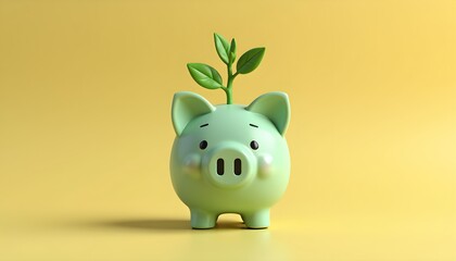 Obraz premium A green piggy bank with a small plant growing out of it, set against a bright yellow background