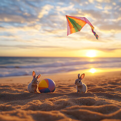 Two rabbits are standing on the beach next to a ball
