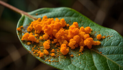 Orange Slime Mold Growth on Green Leaf Macro