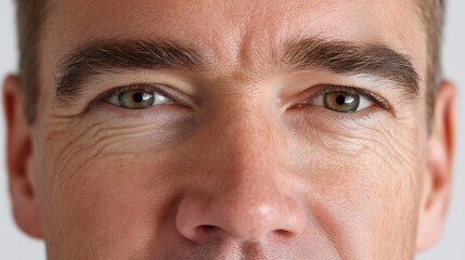 Obraz premium Close-up of middle-aged man's face with expressive green eyes, wrinkles visible