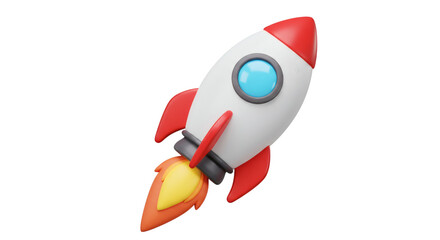 3D cartoon rocket ship with red fins and blue window launching with fire trail isolated on transparent background
