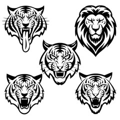 Set of six black-and-white vector emblems featuring stylized lion and tiger heads in various fierce and symmetrical expressions, ideal for logos or mascot designs.