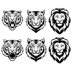 Set of six black-and-white vector emblems featuring stylized lion and tiger heads in various fierce and symmetrical expressions, ideal for logos or mascot designs.