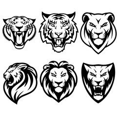 Obraz premium Set of six black-and-white vector emblems featuring stylized lion and tiger heads in various fierce and symmetrical expressions, ideal for logos or mascot designs.
