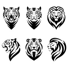 Set of six black-and-white vector emblems featuring stylized lion and tiger heads in various fierce and symmetrical expressions, ideal for logos or mascot designs.