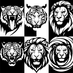 Set of six black-and-white vector emblems featuring stylized lion and tiger heads in various fierce and symmetrical expressions, ideal for logos or mascot designs.