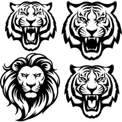 Set of six black-and-white vector emblems featuring stylized lion and tiger heads in various fierce and symmetrical expressions, ideal for logos or mascot designs.
