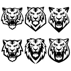 Set of six black-and-white vector emblems featuring stylized lion and tiger heads in various fierce and symmetrical expressions, ideal for logos or mascot designs.